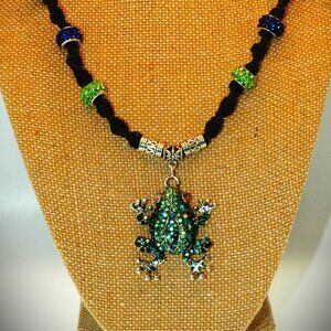 Adorable Green & Blue Rhinestone Frog on a Handmade Black Hemp Chain